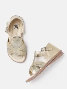 YK Girls Gold-Toned Shimmer Open Toe Flats