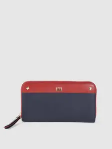Tommy Hilfiger Women Navy Blue & Red Colourblocked Leather Zip Around Wallet