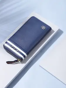 Tommy Hilfiger Women Blue & White  Metallic & Striped Detail Leather Zip Around Wallet