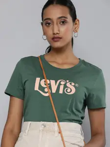 Levis Women Green  Beige Mallard Graphic Brand Logo Printed Pure Cotton T-shirt