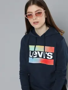 Levis Women Navy Blue Printed Hooded Sweatshirt