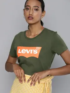 Levis Women Olive Green Brand Logo Printed Pure Cotton T-shirt