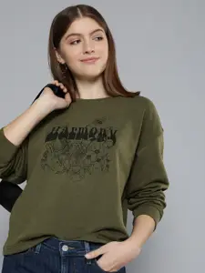 Levis Women Olive Green & Black Typography Printed Round Neck Sweatshirt