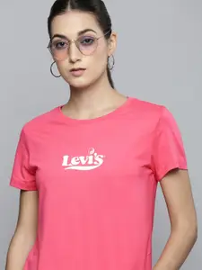 Levis Women Pink Brand Logo Printed Pure Cotton T-shirt