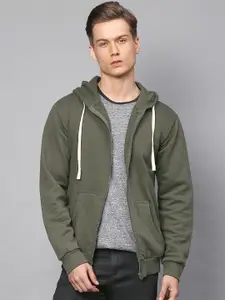 Campus Sutra Men Olive Green Solid Hooded Sweatshirt