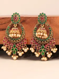 OOMPH Red & Green Kemp Stone Contemporary Chandbali Earrings