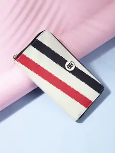 Tommy Hilfiger Women White & Red Striped Leather Zip Around Wallet