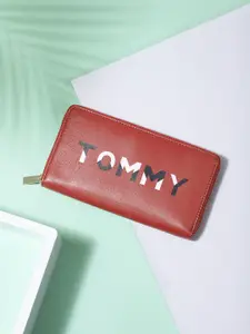 Tommy Hilfiger Women Red & White Typography Printed Leather Zip Around Wallet