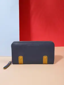 Tommy Hilfiger Women Navy Blue & Mustard Yellow Applique Leather Zip Around Wallet