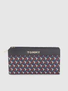 Tommy Hilfiger Women Navy Blue & Red Brand Logo Print Leather Zip Around Wallet