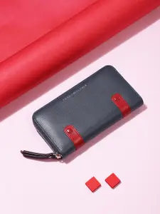 Tommy Hilfiger Women Navy Blue & Red Applique Leather Zip Around Wallet