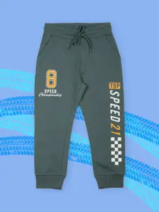 PLUM TREE Boys Green & White Typography Printed Pure Cotton Loose-Fit Joggers