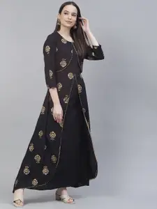 Meeranshi Black & Gold-Toned Ethnic Motifs Layered A-Line Maxi Dress
