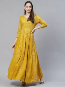 Meeranshi Mustard Yellow Ethnic Motifs Maxi Dress