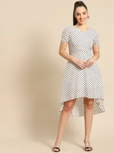 DODO & MOA White & Black Polka Dots Print Crepe A-Line Dress
