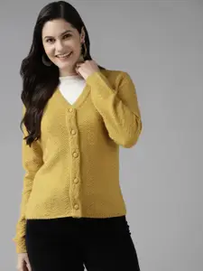 Cayman Women Mustard Yellow Self Designed Striped Cardigan Sweater