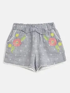 Kids On Board Girls Grey & White Embroidered High-Rise Regular Shorts