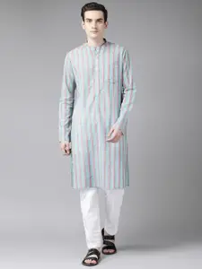 See Designs Men Green Striped Pure Cotton Kurta with Trousers