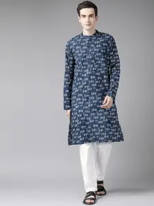 See Designs Men Navy Blue Printed Pure Cotton Kurta with Trousers