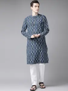 See Designs Men Navy Pure Cotton Printed Regular Kurta with Trousers