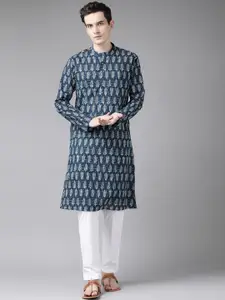 See Designs Men Navy & White Pure Cotton Ethnic Motifs Printed Regular Kurta with Trousers