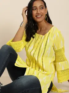Taavi Yellow Ikat Woven Design Flared Sleeves Pure Cotton Short Kurti