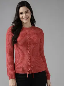 Cayman Women Rust Red Woollen Ribbed Pullover