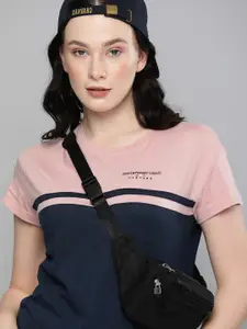 Harvard Women Pink & Navy Blue Colourblocked T-shirt