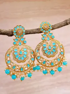 Crunchy Fashion Gold Plated Gold-Toned & Blue Contemporary Drop Earrings