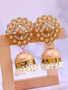 Crunchy Fashion Women Pink Gold-Plated Gold-Toned Contemporary Jhumkas Earrings