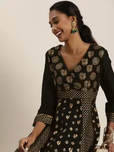 Taavi Black & Golden Kanchi Print Ethnic Sustainable Maxi Dress with Styled Back