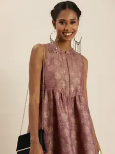 Taavi Pink & Golden Kanchi Gold Khadi Print Sustainable Dress with Pocket