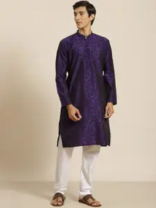 SOJANYA Men Purple & White Woven Design Kurta with Churidar