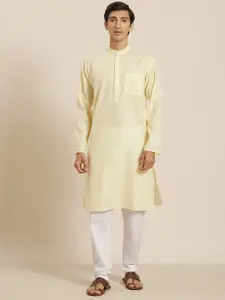 SOJANYA Men Yellow & White Striped Regular Pure Cotton Kurta with Churidar