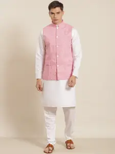 SOJANYA Men White Solid Cotton Linen Straight Kurta with Churidar & Nehru jacket