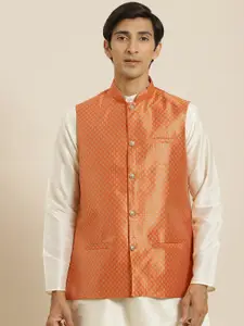 SOJANYA Men Orange & Golden Self Design Nehru Jacket