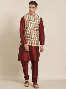 SOJANYA Men Maroon & Beige Solid Kurta with Churidar & Printed Nehru Jacket