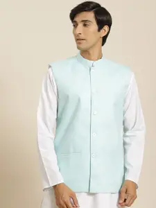 SOJANYA Men Blue Cotton Linen Solid Nehru Jacket