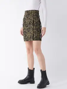 Miss Chase Women Green & Brown Camouflage Printed Mini Straight Skirt