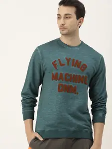 Flying Machine Men Teal Blue Logo Embroidered Sweatshirt