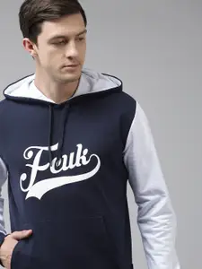 French Connection Men Navy Blue Printed Hooded Sweatshirt