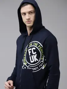 French Connection Men Blue Printed Pure Cotton Hooded Sweatshirt