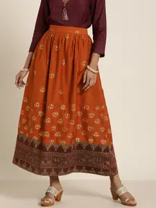 Taavi Women Rust Orange & Yellow Kanchi Woven Design Flared Kora Maxi Skirt