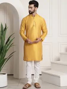 SOJANYA Men Mustard Yellow & White Woven Design Regular Kurta with Churidar