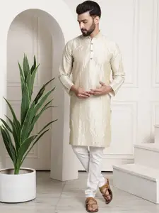 SOJANYA Men Cream-Coloured & White Woven Design Regular Kurta with Churidar