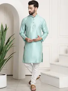 SOJANYA Men Sea Green & White Woven Design Regular Kurta with Churidar