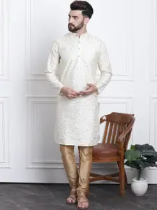 SOJANYA Men Cream-Coloured Embroidered Regular Kurta with Churidar