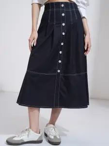 Tokyo Talkies Women Navy Blue Solid Casual-Fit Midi A-Line Skirt