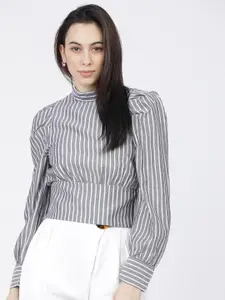 Tokyo Talkies Grey & White Striped Shirt Style Crop Top