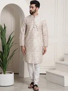 SOJANYA Men Cream-Coloured & Brown Silk Cotton Printed Regular Kurta with Churidar